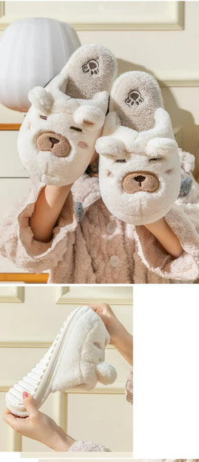 Warm Slipper House Cartoon Teddy Bear Womens Winter Plush Contton Indoor Funny Fuzzy Floor Home Room Shoes Flat Female Men Male