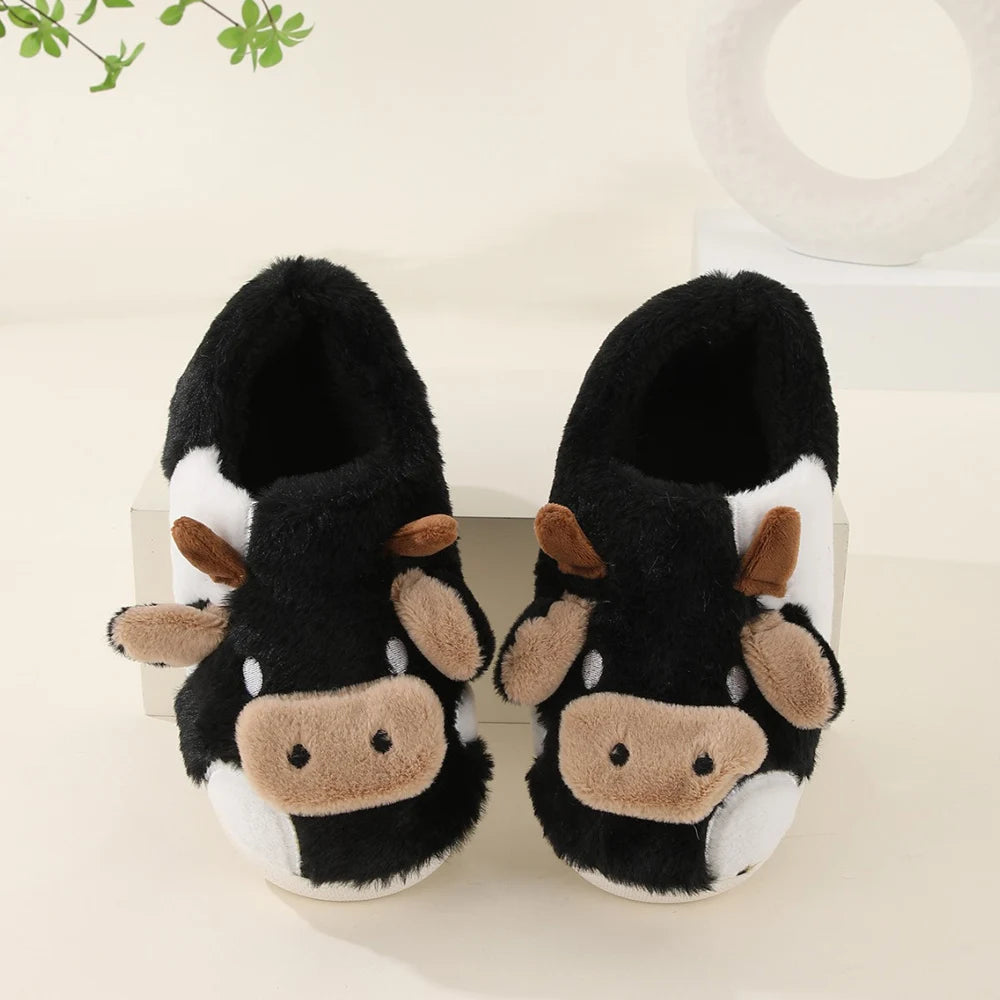 New Winter Unisex Cartoon Cow Warm Plush Slippers Couple's Indoor Non-slip House Slides Men And Women Toe Wrap Home Cotton Shoes