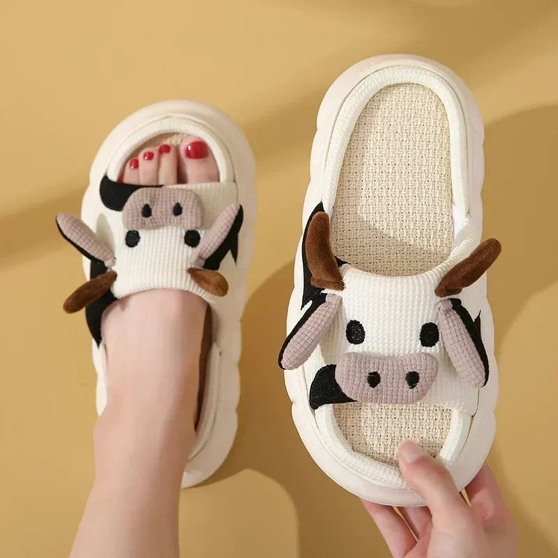 2024 Cute Cartoon Cow Linen Slippers Universal Indoor Home Four Seasons Non-slip Cotton Linen Sandals