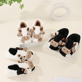 New winter neutral cartoon cow warm plush slippers for couples, indoor anti slip home slippers for men and women, home cotton sh