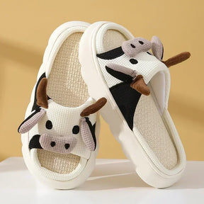2024 Cute Cartoon Cow Linen Slippers Universal Indoor Home Four Seasons Non-slip Cotton Linen Sandals