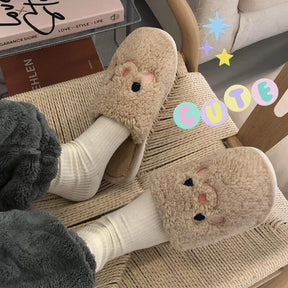 Comwarm Cute Dog Short Plush Slippers For Women 2023 Winter Warm Furry Cotton Shoes Couples Home Indoor Bedroom Cozy Slippers