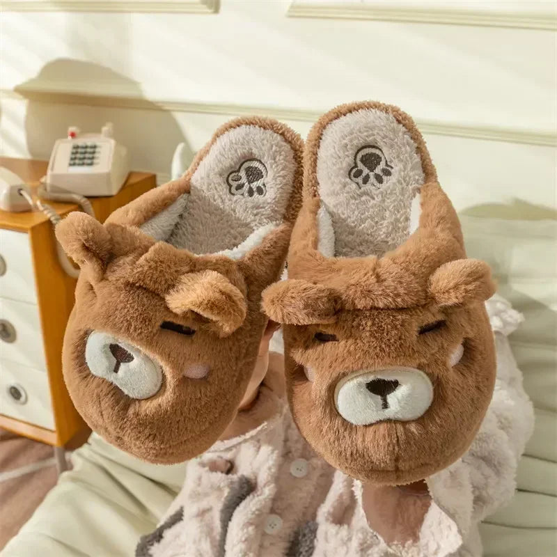 Warm Slipper House Cartoon Teddy Bear Womens Winter Plush Contton Indoor Funny Fuzzy Floor Home Room Shoes Flat Female Men Male