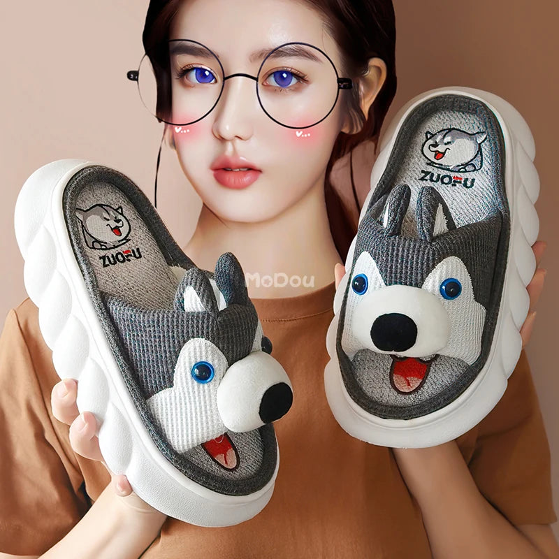 Mo Dou All Senson Designer Slippers Cute Cartoon Lovely Animals Bedroom Cotton Home Shoes Indoor Thick Sole Couples Men Women