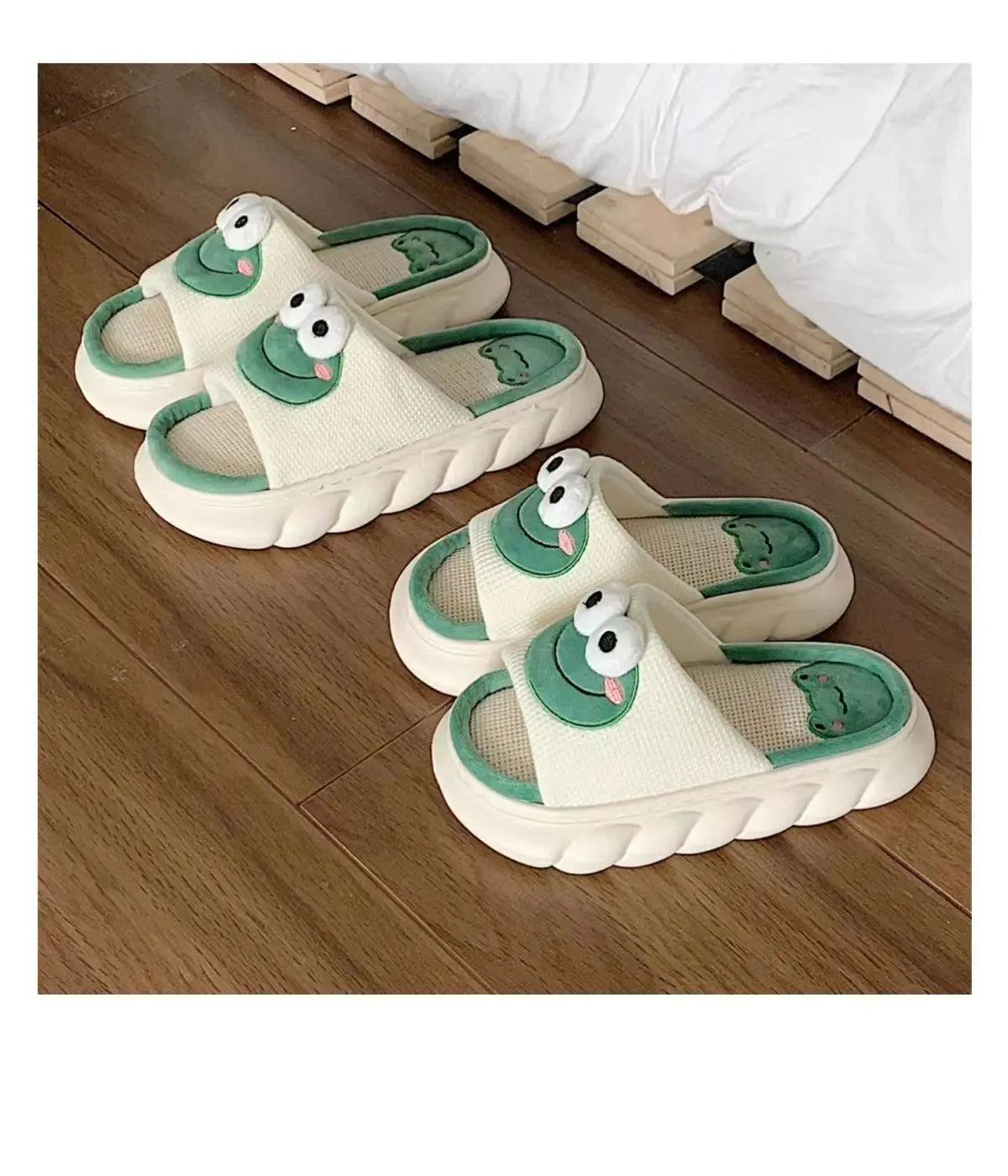 Women's Slippers Comfortable Soft Thick Sole Four Seasons Indoor Cartoon Frog Linen Slippers Anti Slip Couples's Home Slippers