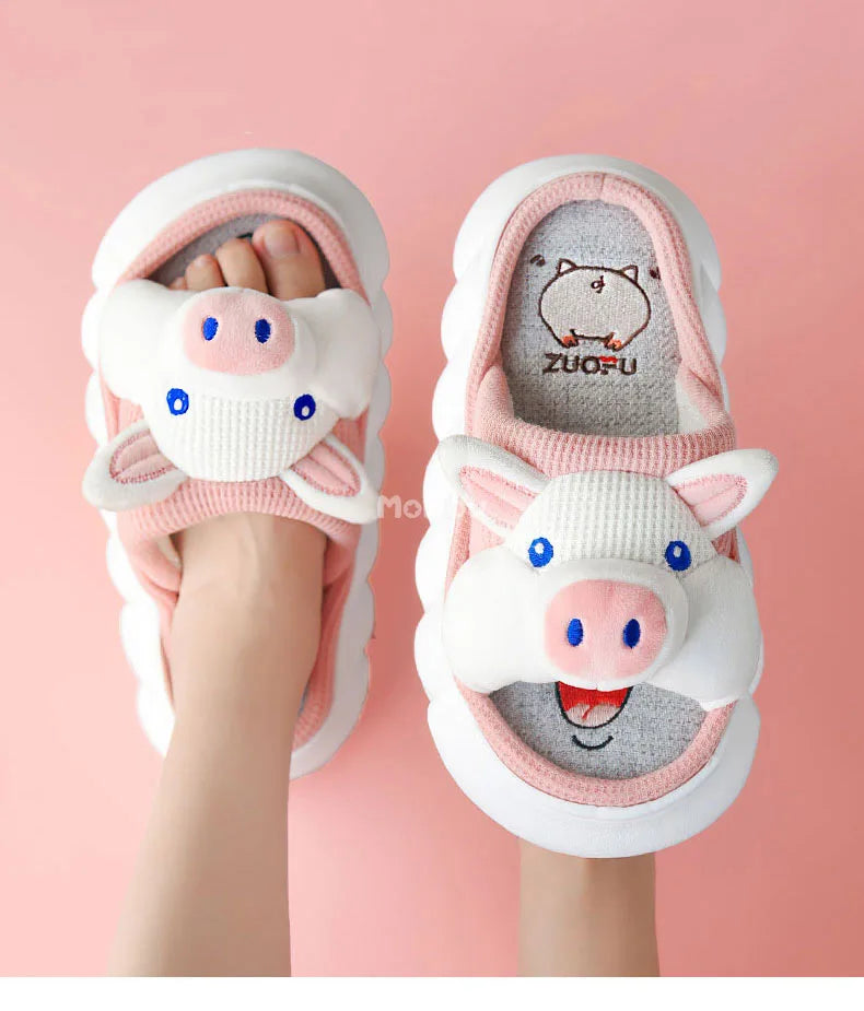 Mo Dou All Senson Designer Slippers Cute Cartoon Lovely Animals Bedroom Cotton Home Shoes Indoor Thick Sole Couples Men Women