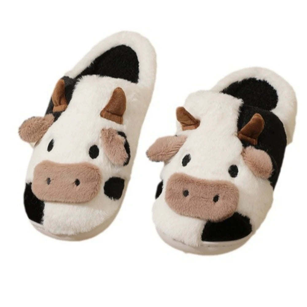 New winter neutral cartoon cow warm plush slippers for couples, indoor anti slip home slippers for men and women, home cotton sh