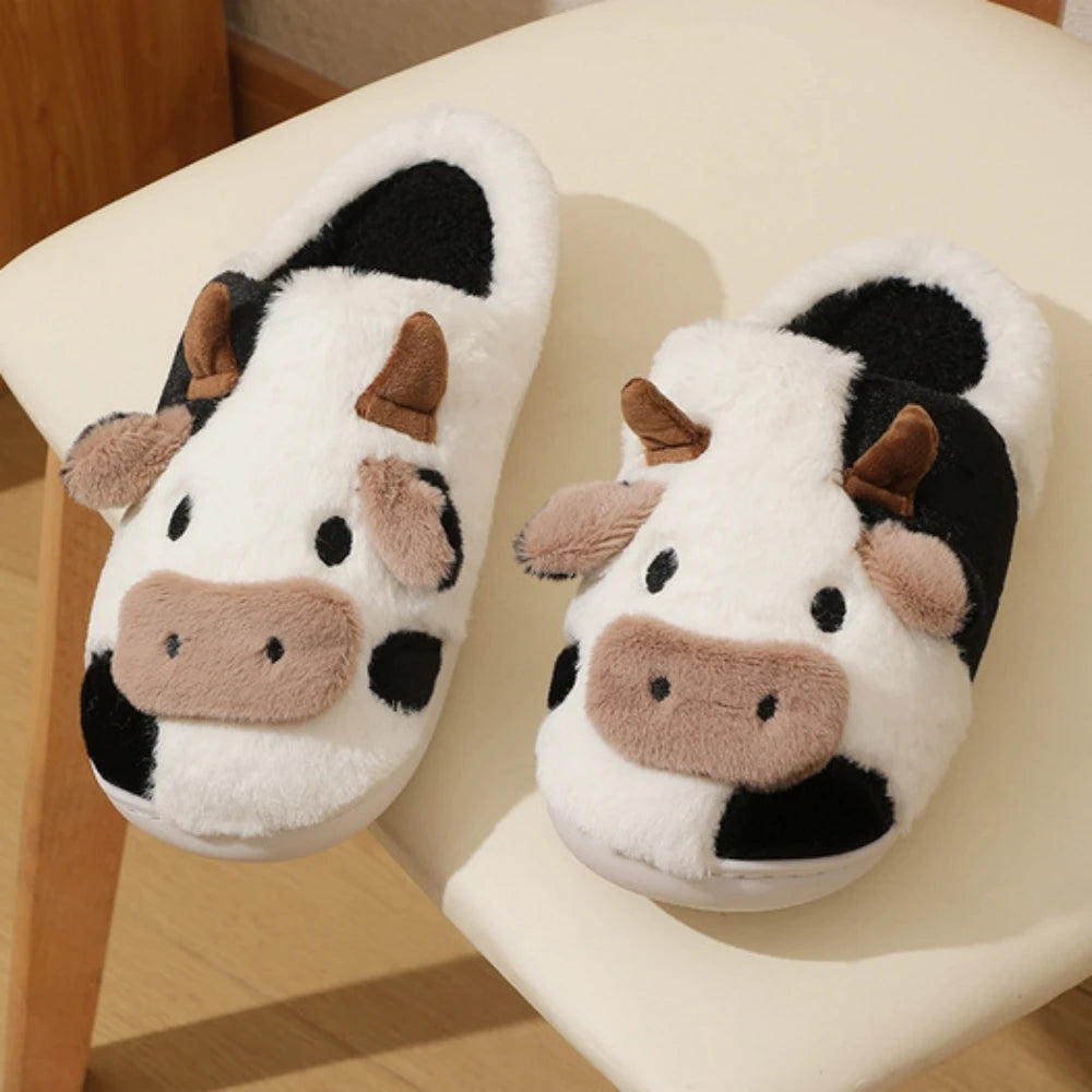 New winter neutral cartoon cow warm plush slippers for couples, indoor anti slip home slippers for men and women, home cotton sh