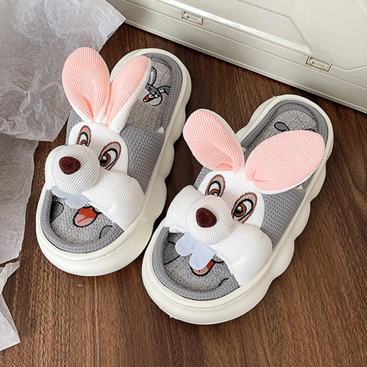 Mo Dou All Senson Designer Slippers Cute Cartoon Lovely Animals Bedroom Cotton Home Shoes Indoor Thick Sole Couples Men Women