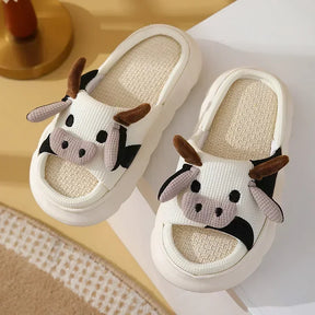2024 Cute Cartoon Cow Linen Slippers Universal Indoor Home Four Seasons Non-slip Cotton Linen Sandals