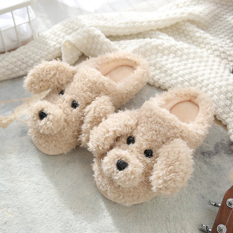 Comwarm Cute Dog Short Plush Slippers For Women 2023 Winter Warm Furry Cotton Shoes Couples Home Indoor Bedroom Cozy Slippers