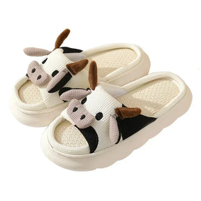 2024 Cute Cartoon Cow Linen Slippers Universal Indoor Home Four Seasons Non-slip Cotton Linen Sandals