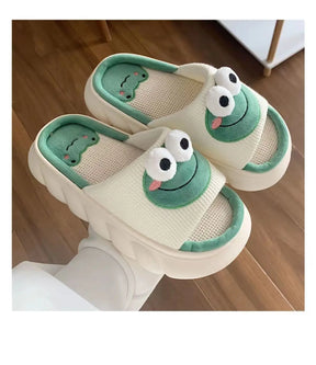Women's Slippers Comfortable Soft Thick Sole Four Seasons Indoor Cartoon Frog Linen Slippers Anti Slip Couples's Home Slippers