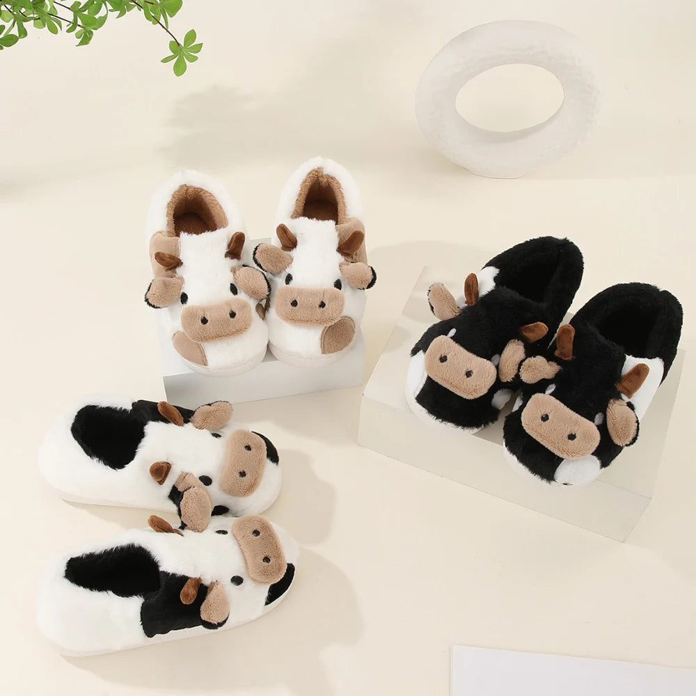 New Winter Unisex Cartoon Cow Warm Plush Slippers Couple's Indoor Non-slip House Slides Men And Women Toe Wrap Home Cotton Shoes