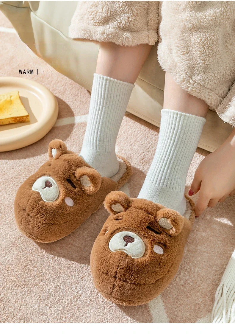 Warm Slipper House Cartoon Teddy Bear Womens Winter Plush Contton Indoor Funny Fuzzy Floor Home Room Shoes Flat Female Men Male