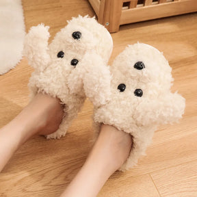 Comwarm Cute Dog Short Plush Slippers For Women 2023 Winter Warm Furry Cotton Shoes Couples Home Indoor Bedroom Cozy Slippers