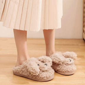 Comwarm Cute Dog Short Plush Slippers For Women 2023 Winter Warm Furry Cotton Shoes Couples Home Indoor Bedroom Cozy Slippers