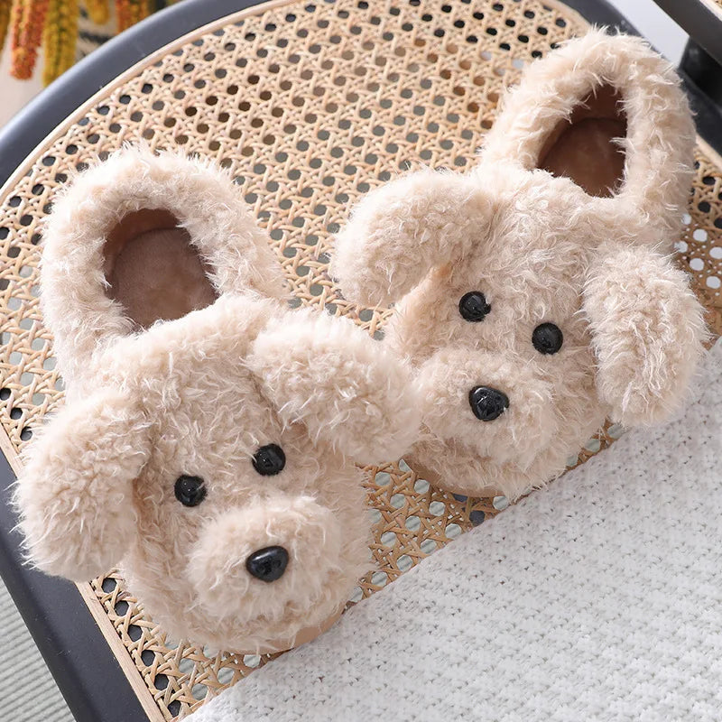 Comwarm Cute Dog Short Plush Slippers For Women 2023 Winter Warm Furry Cotton Shoes Couples Home Indoor Bedroom Cozy Slippers