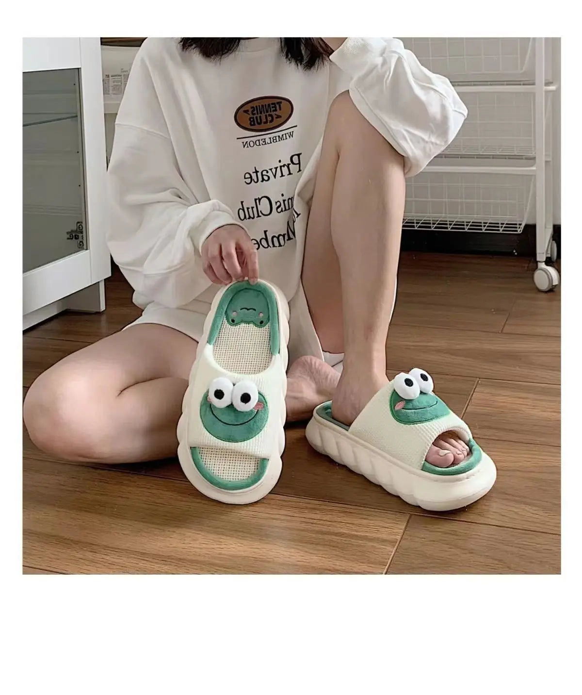 Women's Slippers Comfortable Soft Thick Sole Four Seasons Indoor Cartoon Frog Linen Slippers Anti Slip Couples's Home Slippers