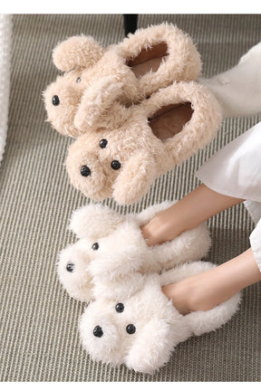 Comwarm Cute Dog Short Plush Slippers For Women 2023 Winter Warm Furry Cotton Shoes Couples Home Indoor Bedroom Cozy Slippers