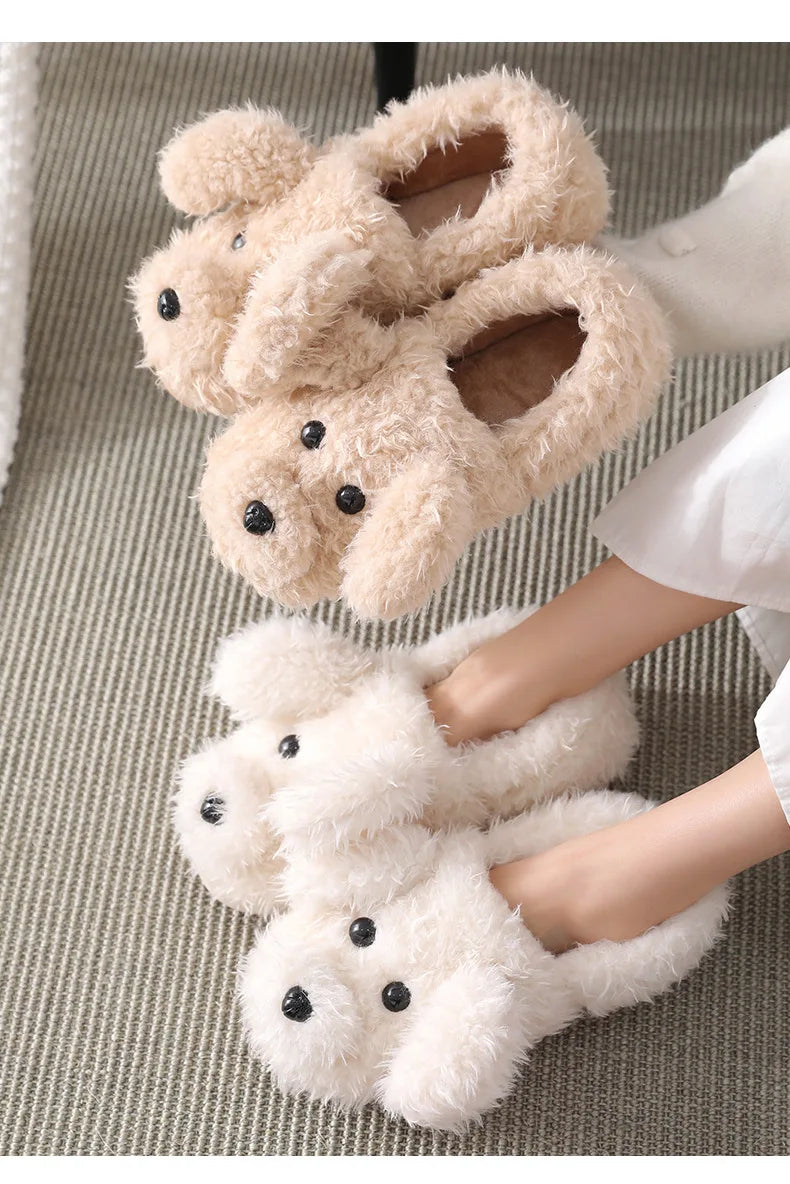 Comwarm Cute Dog Short Plush Slippers For Women 2023 Winter Warm Furry Cotton Shoes Couples Home Indoor Bedroom Cozy Slippers